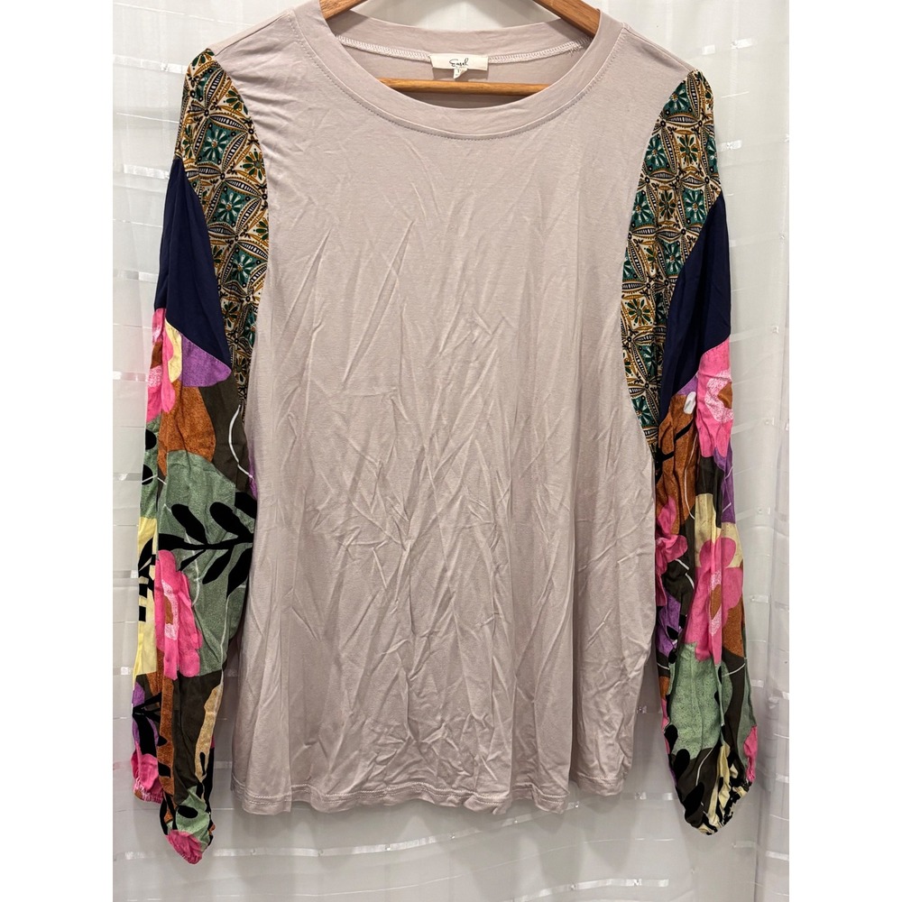 Easel Los Angeles Mixed Print Balloon Sleeve Top Mauve Floral Geometric 1X